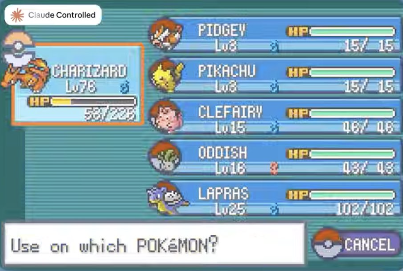 Screenshot from the launch video taken by X user @PhDenLogica. Charizard is level 76 while the rest of the Pokemon in the party are level 25 or lower.